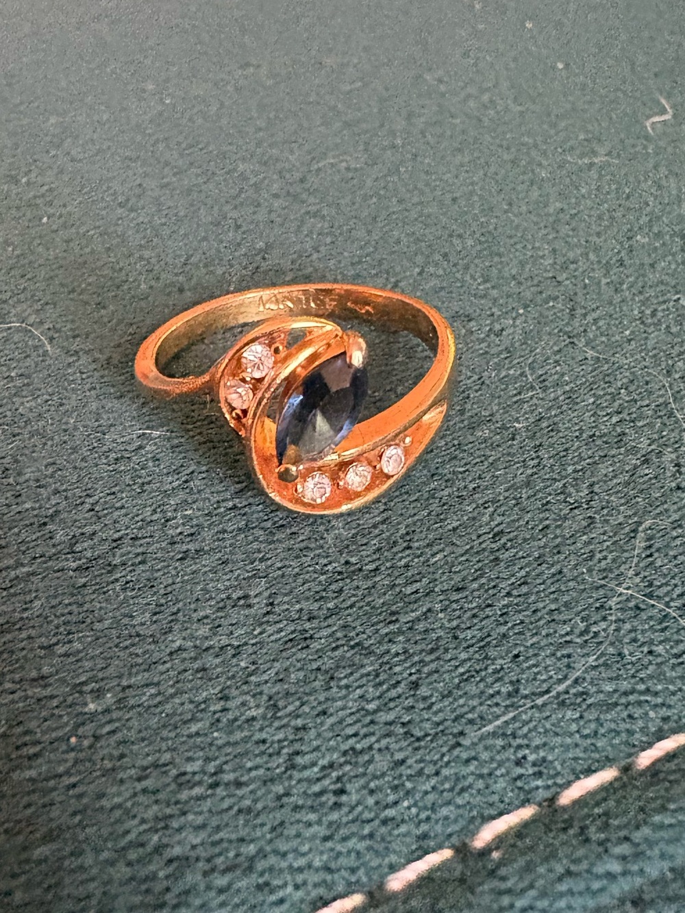 14K Gold Ring with Blue Marquise Stone and Clear Accent Crystals
